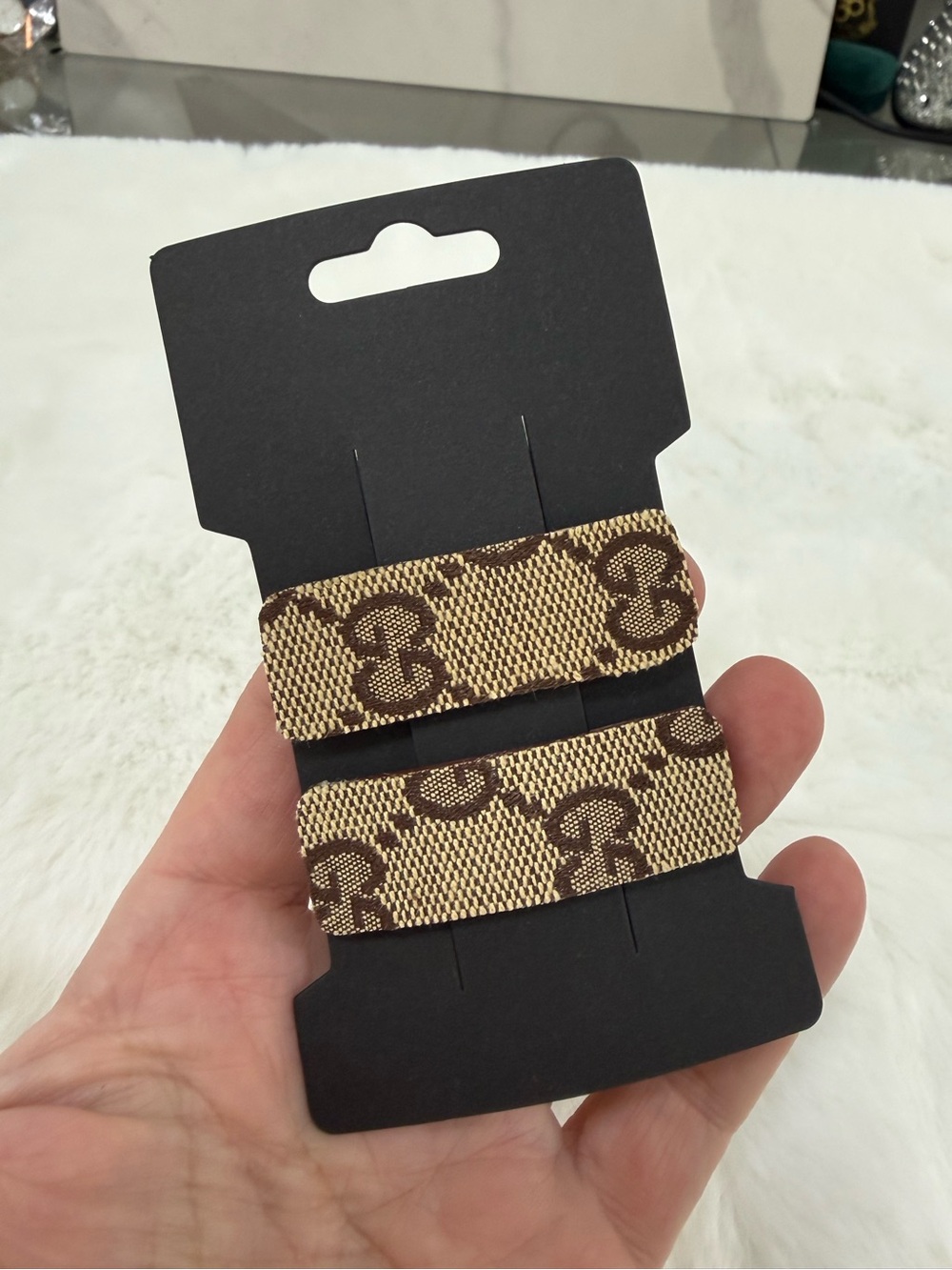 Upcycled Gucci GG classic monogram bag into barrettes set clips